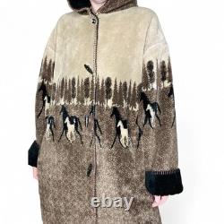 Vintage Denali Brown & Black Fleece Horse Western Revisable Long Hooded Jacket