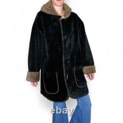 Vintage Denali Brown & Black Fleece Horse Western Revisable Long Hooded Jacket