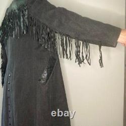 Vintage Diamond Denim And Leather Western Trench Coat Black Large
