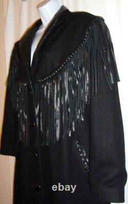 Vintage Diamond Leathers Wool Trench Coat Womens L Fringe Western Black USA Made