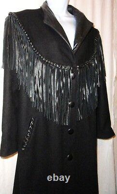 Vintage Diamond Leathers Wool Trench Coat Womens L Fringe Western Black USA Made