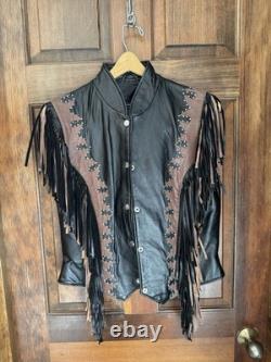 Vintage Diamond Plate genuine leather motorcycle/western fringe jacket