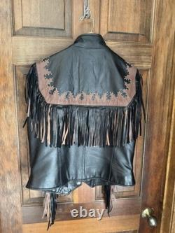 Vintage Diamond Plate genuine leather motorcycle/western fringe jacket