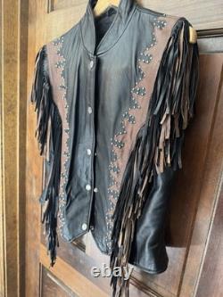 Vintage Diamond Plate genuine leather motorcycle/western fringe jacket