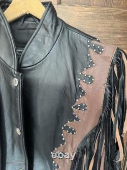 Vintage Diamond Plate genuine leather motorcycle/western fringe jacket