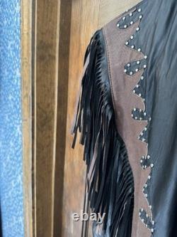 Vintage Diamond Plate genuine leather motorcycle/western fringe jacket