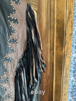 Vintage Diamond Plate genuine leather motorcycle/western fringe jacket