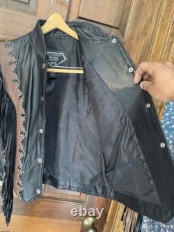 Vintage Diamond Plate genuine leather motorcycle/western fringe jacket