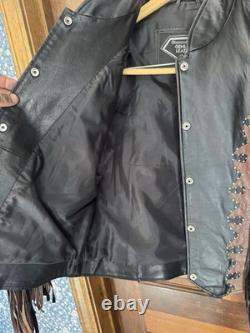 Vintage Diamond Plate genuine leather motorcycle/western fringe jacket