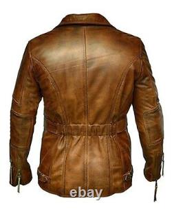 Vintage Double Breasted Leather Jacket, Sheepskin, Military, Men Leather Coat
