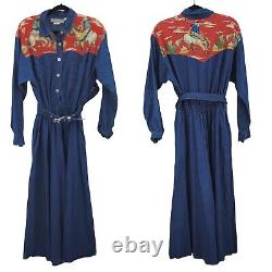 Vintage Dress Maxi Prairie Western Cowgirl Rodeo Belted Denim Horse Yoke Blue L