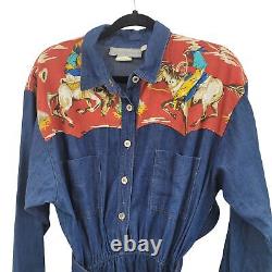 Vintage Dress Maxi Prairie Western Cowgirl Rodeo Belted Denim Horse Yoke Blue L