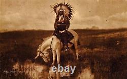 Vintage EDWARD CURTIS Cheyenne Indian Chief Horse GOLDTONE LARGE Photo Engraving