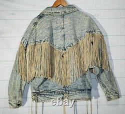Vintage East West 1980s Denim Jean Jacket Acid Wash Leather Fringe Batwing Coat