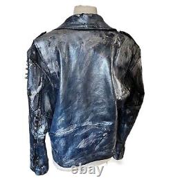 Vintage Event Leather Moto Biker Custom Metallic Blue And Silver Studded Jacket