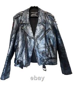 Vintage Event Leather Moto Biker Custom Metallic Blue And Silver Studded Jacket