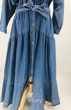 Vintage Fringed Rhinestone Denim Dress Maxi Large Blue 1980 Cowgirl