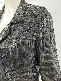 Vintage Glitters Western Sequin Beaded Fringed Silk Blazer Jacket 80's Sz L