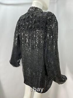 Vintage Glitters Western Sequin Beaded Fringed Silk Blazer Jacket 80's Sz L