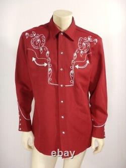 Vintage H BAR C Embroidered Polyester Western Shirt Maroon Size 16.5 LARGE