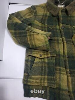 Vintage H BAR C Ranchwear Cowboy Coat Western Jacket Wool Green Plaid Sherpa LG