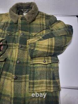 Vintage H BAR C Ranchwear Cowboy Coat Western Jacket Wool Green Plaid Sherpa LG