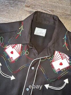 Vintage H Bar C California Ranchwear Brown ROYAL FLUSH Embroidered Shirt Pearl