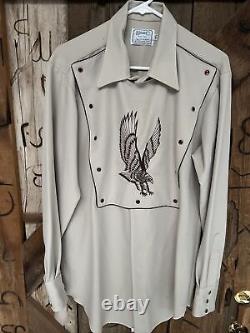 Vintage H Bar C Embroidered Eagle Bib Pearl Snap Western Shirt Mens 16 1/2 Large