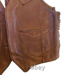 Vintage Handmade Leather Vest Large Adjustable Sides Western Cowboy Biker Brown