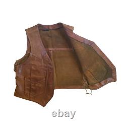 Vintage Handmade Leather Vest Large Adjustable Sides Western Cowboy Biker Brown