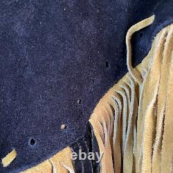 Vintage Handmade Tan Black Suede Fringe Beaded Leather Suede Jacket Size L XL