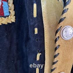 Vintage Handmade Tan Black Suede Fringe Beaded Leather Suede Jacket Size L XL