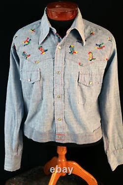 Vintage Hippie 1970's Cotton Blend Chambray Embroidered Shirt Jacket Size Large