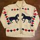 Vintage Horse Cowichan Sweater Blue Red Hand Knit Large 1950s 1960s Western