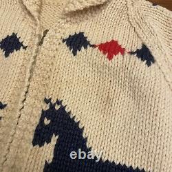 Vintage Horse Cowichan Sweater Blue Red Hand Knit Large 1950s 1960s Western