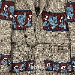 Vintage House Print Hand Knit Shawl Collar Acrylic Cardigan Sweater Large Belted