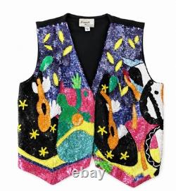Vintage Jeanette Kastenburg Platinum Sequin Trophy Vest Country Western Cactus
