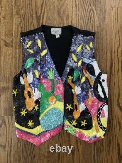 Vintage Jeanette Kastenburg Platinum Sequin Trophy Vest Country Western Cactus