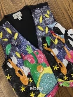 Vintage Jeanette Kastenburg Platinum Sequin Trophy Vest Country Western Cactus