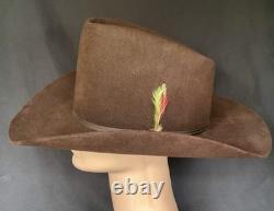 Vintage John B Stetson Cowboy Hat 3X Beaver Felt Brown Feather Pin 7 5/8 Western