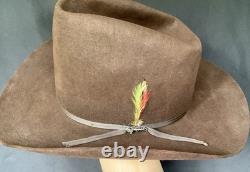 Vintage John B Stetson Cowboy Hat 3X Beaver Felt Brown Feather Pin 7 5/8 Western