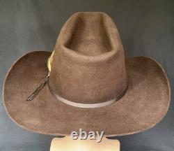Vintage John B Stetson Cowboy Hat 3X Beaver Felt Brown Feather Pin 7 5/8 Western
