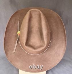 Vintage John B Stetson Cowboy Hat 3X Beaver Felt Brown Feather Pin 7 5/8 Western