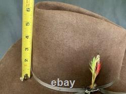 Vintage John B Stetson Cowboy Hat 3X Beaver Felt Brown Feather Pin 7 5/8 Western