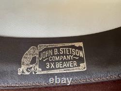 Vintage John B Stetson Cowboy Hat 3X Beaver Felt Brown Feather Pin 7 5/8 Western