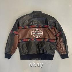 Vintage L Adler Western Aztec Two Tone Brown Black Leather Bomber Jacket Harley