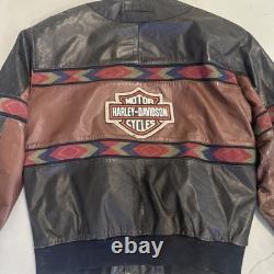 Vintage L Adler Western Aztec Two Tone Brown Black Leather Bomber Jacket Harley