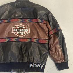 Vintage L Adler Western Aztec Two Tone Brown Black Leather Bomber Jacket Harley