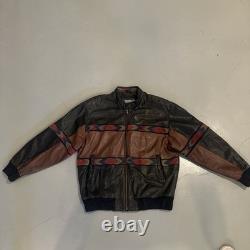 Vintage L Adler Western Aztec Two Tone Brown Black Leather Bomber Jacket Harley