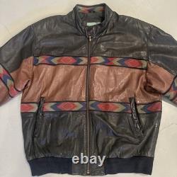 Vintage L Adler Western Aztec Two Tone Brown Black Leather Bomber Jacket Harley